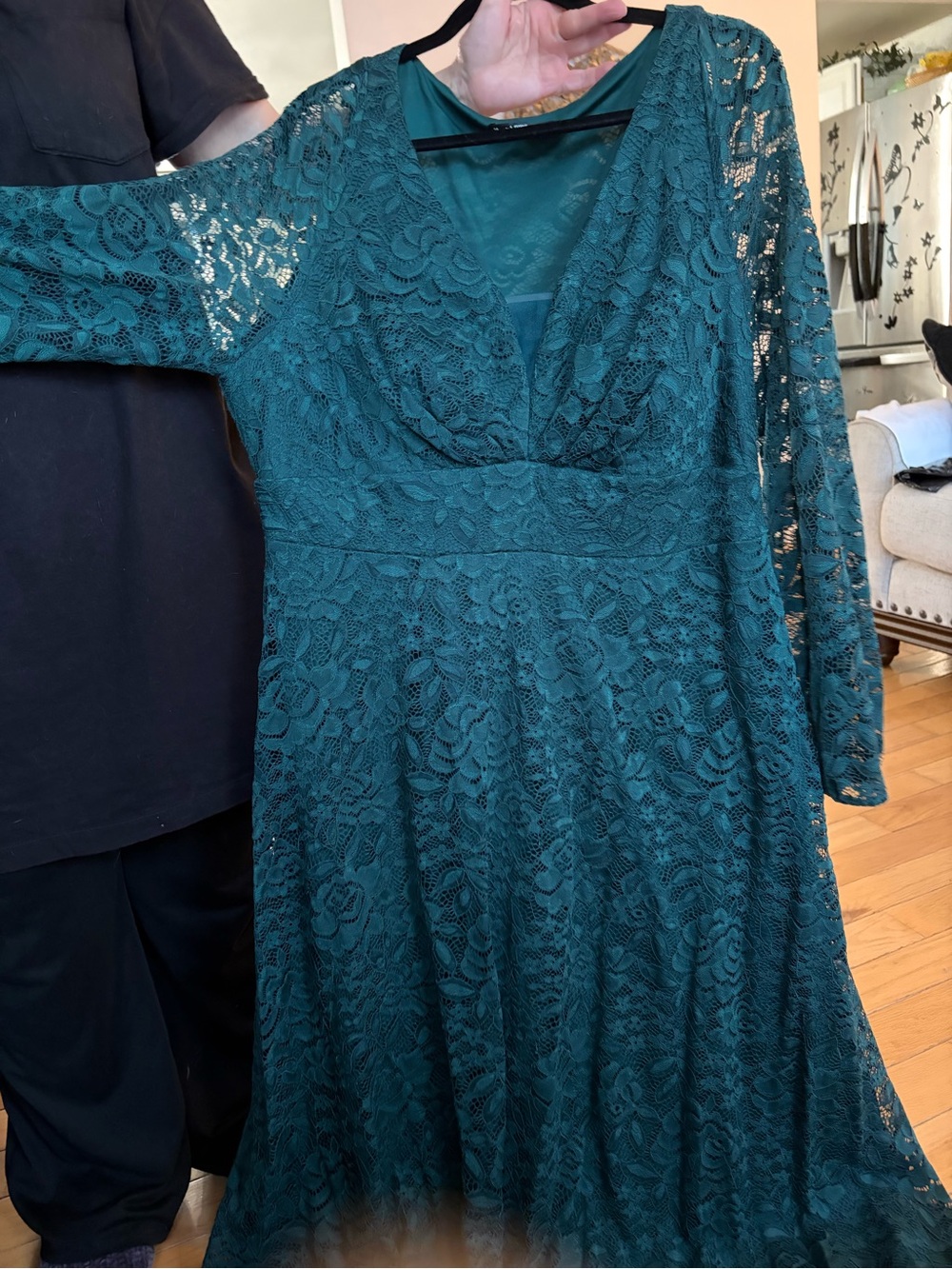 Women's Teal Lace Long-Sleeve V-Neck Dress